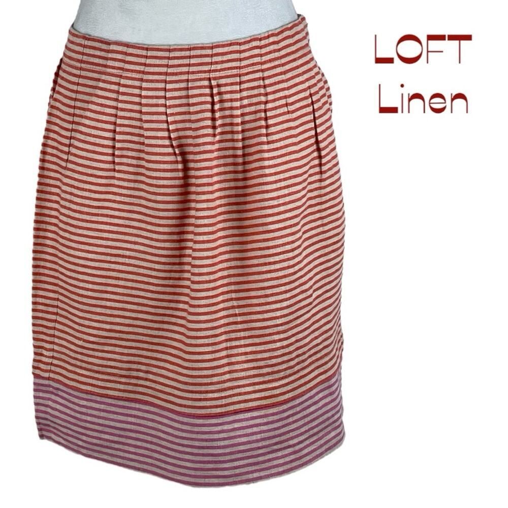 Loft Orange Pink Tan Striped 100% Linen CottageCore Skirt Size 0